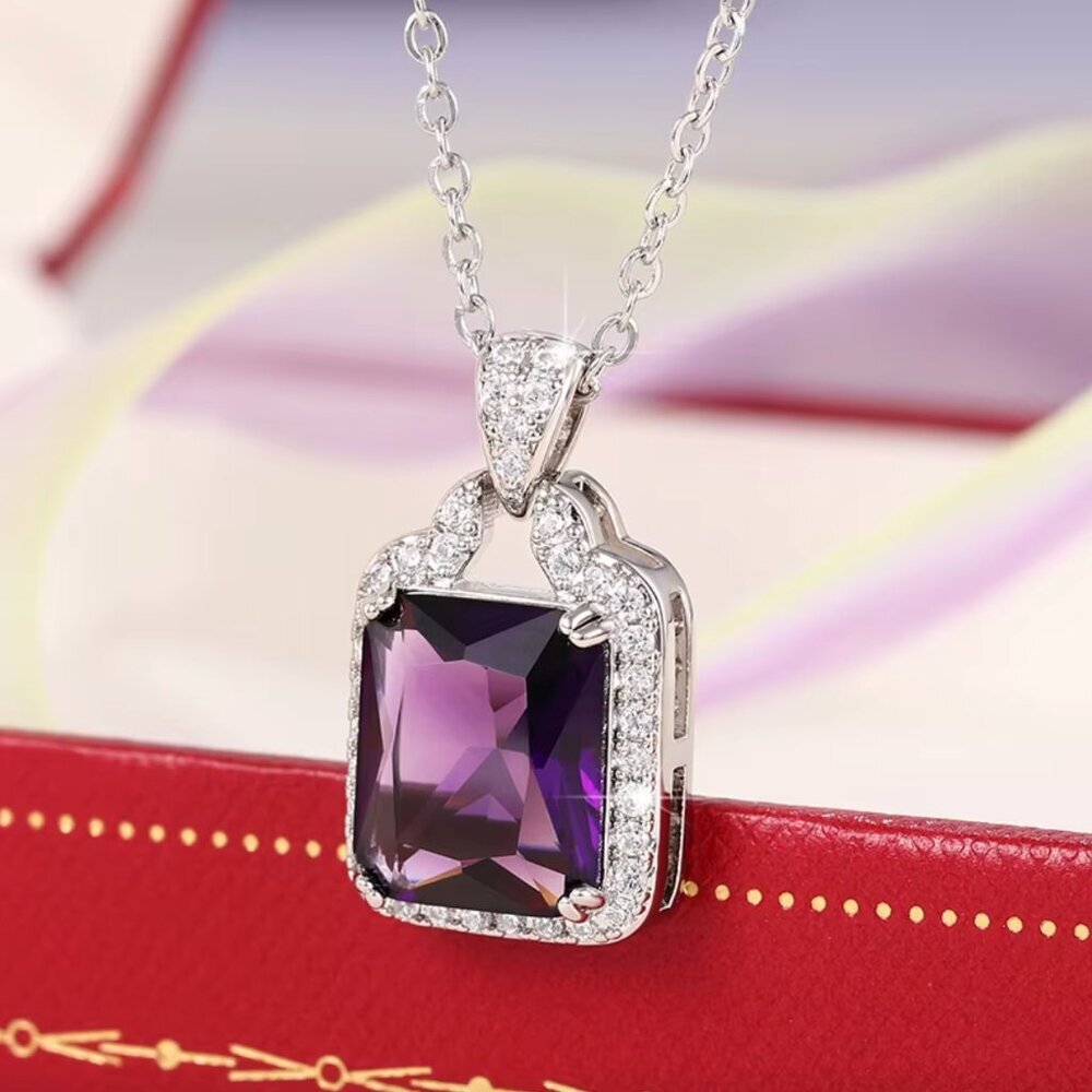 NEW 18k White Gold Purple Amethyst Diamond Pendant Necklace